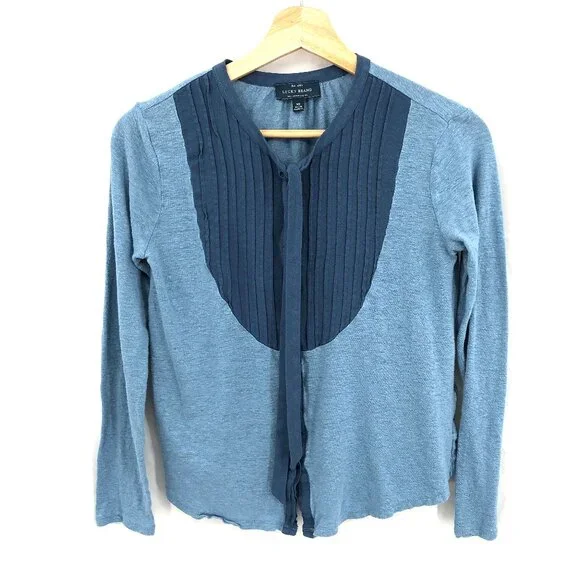 Lucky Brand tie neck shirt boho tuxedo light denim Blue prairie peasant top XS - Picture 1 of 9